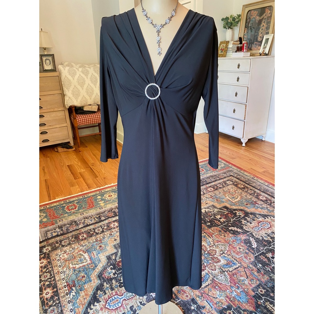 Jones Wear Dress Womens Black V-Neck Rhinestone‎ Ring Long Sleeve Midi Dress 8